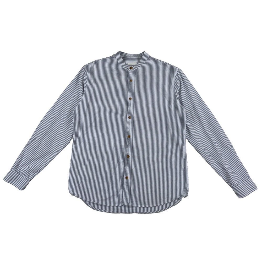 Octobre Editions Long Sleeve Banded Collar Shirt Men's Medium Gray White Striped